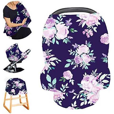 Carseat Cover Girls, Multiuse - Nursing Breastfeeding Covers, Purple Flower Theme, Car seat Canopy, Stretchy Soft Breathable Cover