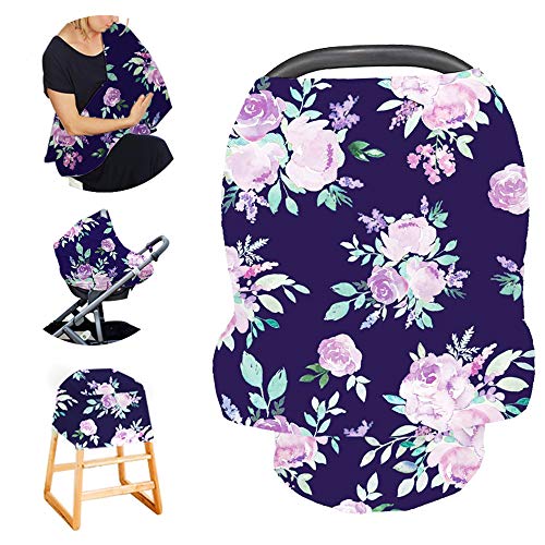 Image of Carseat Cover Girls, Multiuse - Nursing Breastfeeding Covers, Purple Flower Theme, Car seat Canopy, Stretchy Soft Breathable