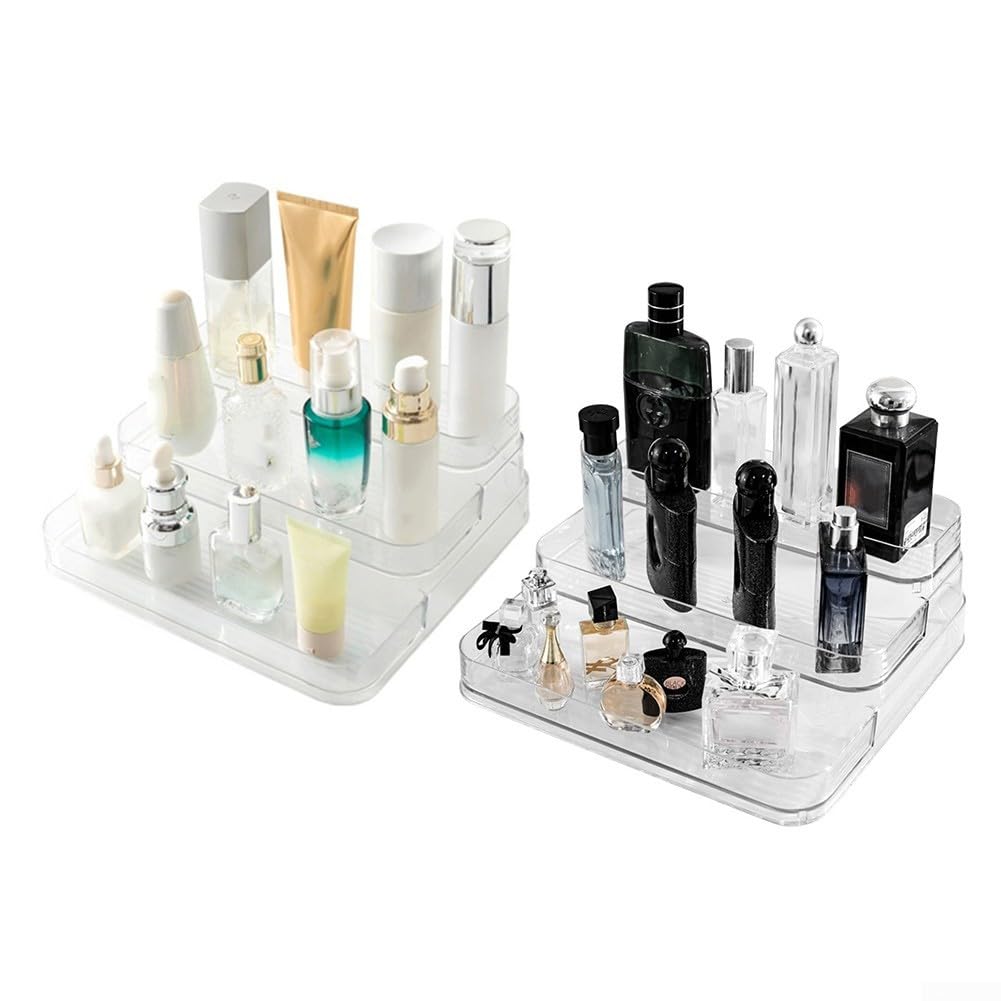 Confezione da 2 organizer in acrilico trasparente con tre ripiani per bottiglie di profumo, cura della pelle e medicine, design a gradini larghi per grandi contenitori, per uso domestico e bagno