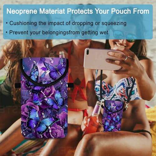 Image of Neoprene Cell Phone Sleeve Pouch Case Bag with Crossbody Strap Neck Lanyard for Women 7.5 X 4.3 in Purple Butterfly