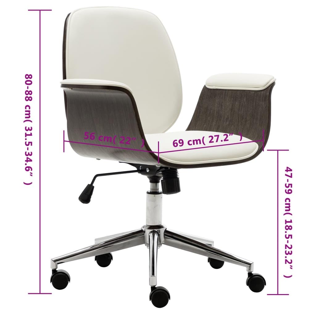 Białe krzesło biurowe z zakrzywioną ramą drewnianą i obiciem ze sztucznej skóry, z regulacją wysokości, 5 kółek, ergonomiczny komfort, idealne do domowego biura, salonu lub biura