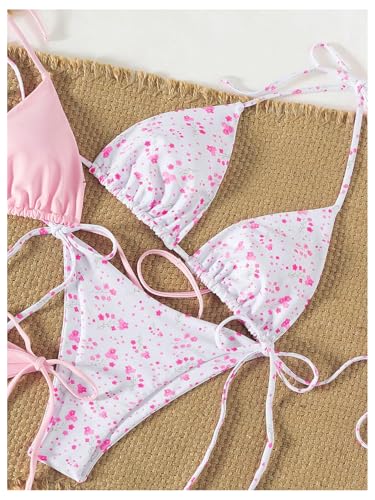 WDIRARA Women's 4 Piece Bikini Set Floral Triangle Halter String Swimsuit Tie Side Bathing Suit3