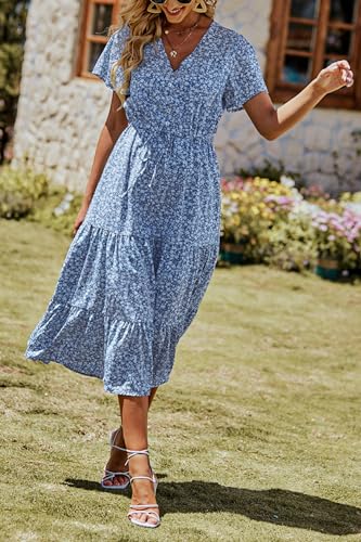 PRETTYGARDEN Summer Floral Dress for Women 2025 Casual Boho Short Sleeve Maxi Dresses V Neck Tiered Flowy Beach Sundress
