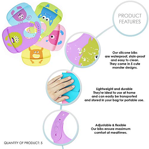 Chuckle Set van 5 Waterdichte Zachte Siliconen Baby Slabbetjes - Diepe Opvangbakje, Verstelbaar, BPA-Vrij - Image 6