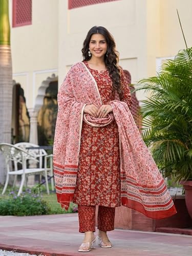 Image of ANNI Designer Kurta Set Women Cotton Blend Printed | Kurti Set Woman | Kurta Pant Dupatta 3 Piece Outfit | Round Neck V-Slit 3 /4 Sleeve Straight Fit Ethnic Wear Ladies Dress Stylish Clothing