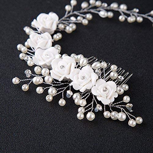 Kercisbeauty Wedding Bridal Pearl White Rose Flower Silver Headband Hair Comb Headpiece for Prom Rustic Wedding Vintage Hair Accessory Girl Prom Women's Garden Evening Party image 5