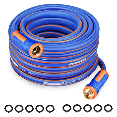 Abimars Garden Hose with Swivel Handle, 50 ft x 5/8 in Flexible Hybrid Rubber Water Hose with Solid Brass Connectors, Lightweight, Blue 500psi Burst Pressure Cover