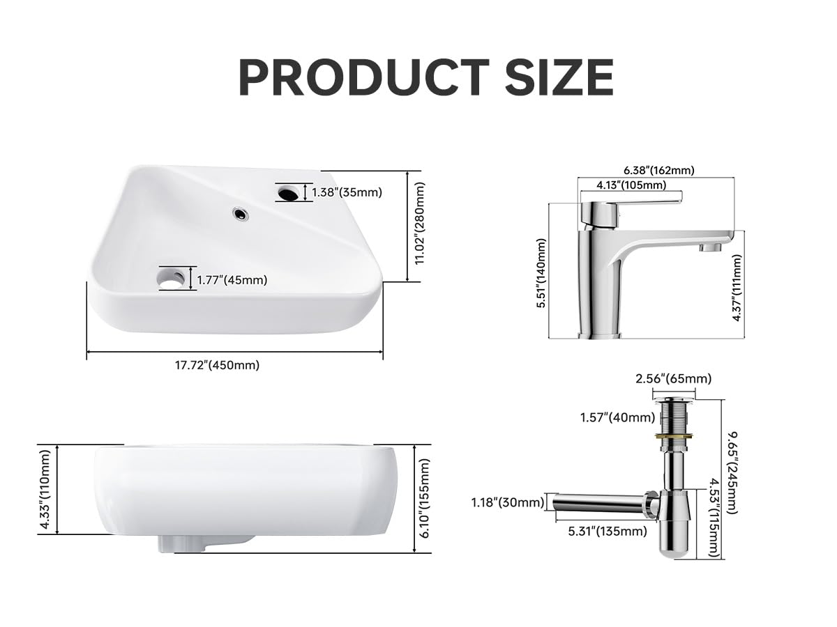 MEJE Ensemble lavabo mural de 45,7 cm, petit lavabo de vestiaire, lavabo de salle de bain en céramique blanche – Ensemble d'évier pour droitier (robinet et bonde pop-up)