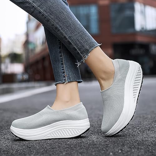 Image of Women's Knitted Platform Slip On Walking Sneakers,Comfort Lightweight Arch Support Non Slip Casual Mesh Breathable Workout Work Shoes