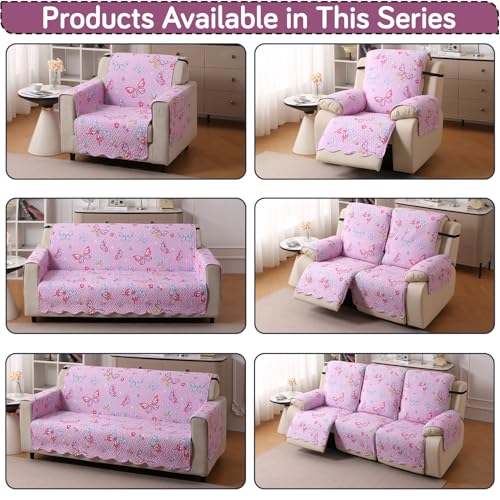 Image of HOKIPO 'FloraWave Series' Recliner Sofa Slipcover Mat for 1 Seater | 1-Piece Design & Dual Belt Protection to Avoid Slipping of Cover, Blush Pink Butterfly (AR-6264-D4)