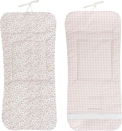 Colchoneta Silla Paseo Universal Verano Funda Carrito Bebe 100% Algodon Transpirable Reversible Apta Silla Inglesina Suave Carro Bebe Altura Ajustable Hombros y Cintura Antideslizable (Flores Rosa)