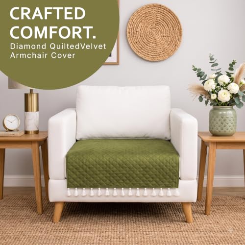 Image of BSB HOME 300 TC Premium Sofa Cover, Quilted Sofa Seat Cover with Decorative Tassels, Soft Comfortable Couch Protector, Stylish Furniture Cover for Living Room, 30 x 24 Inches (76 x 61cm) - Moss Green
