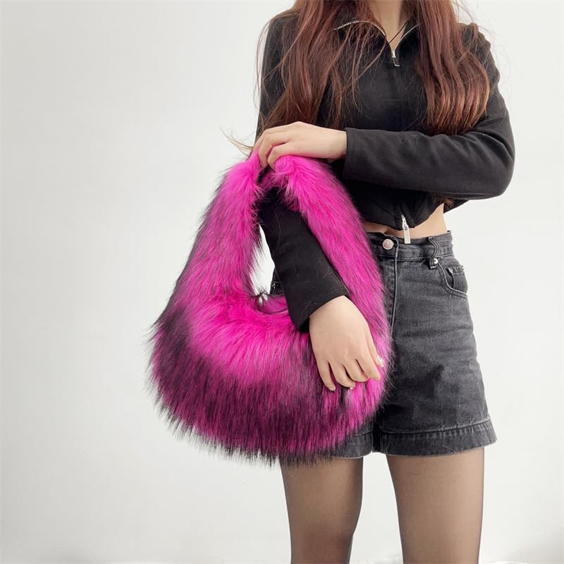 Image of Faux Fur Hobo Shoulder Bag for Women - Large Cute Fluffy Tote Plush Handbag Y2K Furry Purse