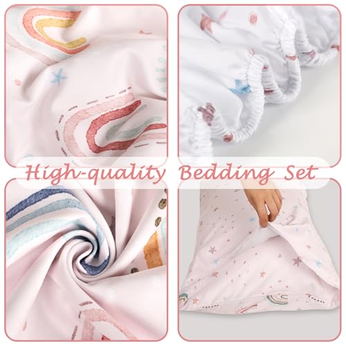 Image of Toddler Bedding Set for Girls, 4 Piece Toddler Girl Bedding Set, Super Soft & Lightweight Pink Toddler Comforter Set Includes Comforter, Flat Sheet, Fitted Sheet, Pillowcase (Rainbow)