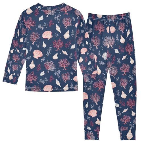 ALAZA Coral Reef Blue Seashell Pajamas Long Sleeve Sleepwear 2-Piece Pajama Set2