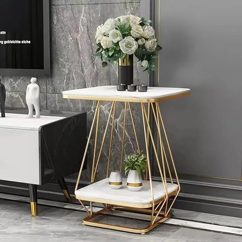 S S Wood Nation Coffee Table Square Modern Coffee, End, or Side Table with a Faux Marble Wooden Top and a Golden Metal Frame Round Coffee Table/Nesting Table/Side Table (White Gold, Minimalist)