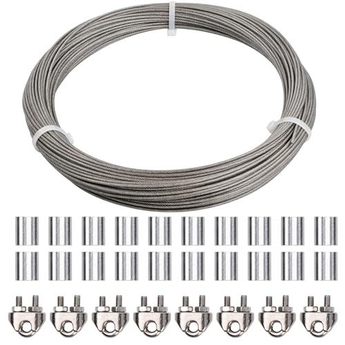 50m Stahlseil 2mm, Edelstahlseil Drahtseil PVC Ummantelt mit 8 Drahtseilklemme, 20 Aluminiumhülse, 167kg Belastbarkeit Drahtkabel 7x7, Aufhängedraht Edelstahldrahtseil Wäscheleine (Silber-2mm)