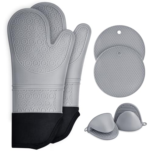 Ofenhandschuhe Aus Silikon Set – Hitzebeständig Bis 230°C, Rutschfest (2 Handschuhe, 2 Topflappen, 2 Fingerschutz)