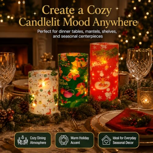 Image of Floral Flameless Candles with String Lights - 3pcs Battery Operated Candle Flickering Christmas LED Pillar Candles with Timer Remote for Home Decor Romantic Ambiance,CH