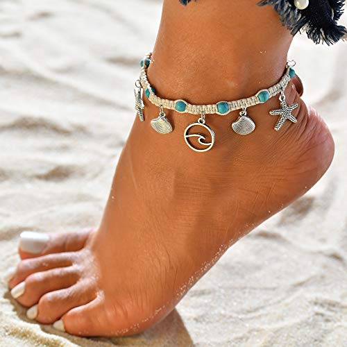 Image of Softones Blue Starfish Turtle Anklet Multilayer Charm Beads Sea Handmade Boho Anklet Foot Jewelry for Women
