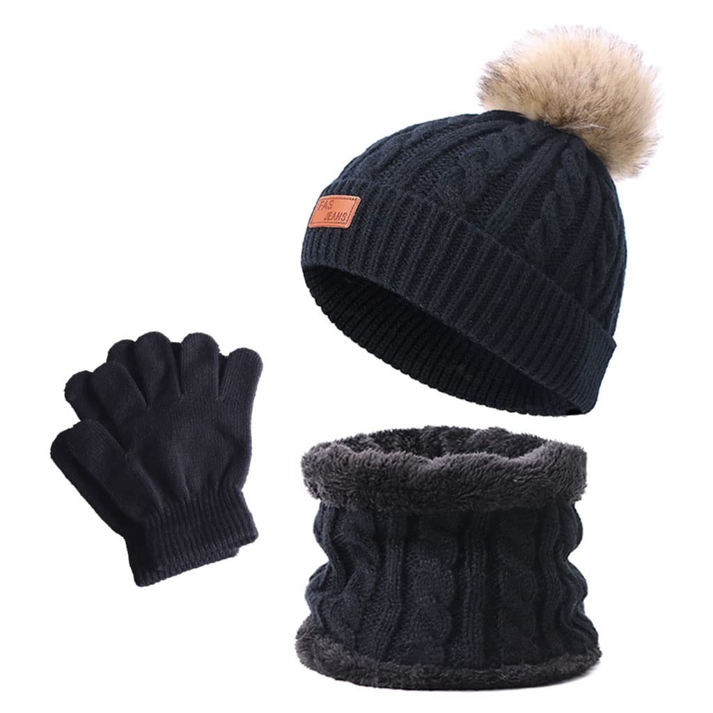 Women's Winter Beanie Hat Scarf 3PC Set Knitted Outdoor Fleece Lining black-image-37