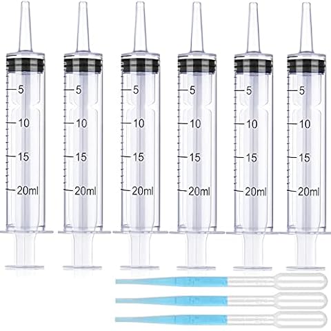 Paquete de 6 jeringas de plástico de 20 ml con tapas y 3 goteros Cover