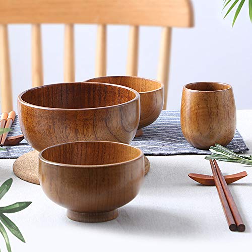 Handmade Wood Bowls, Jujube Wooden Japanese Bowls With Matching Spoon For Rice, Soup, Dip, Salad, Tea, Decoration 4 Sets (4 Bowls + 4 Spoons) #TOP4