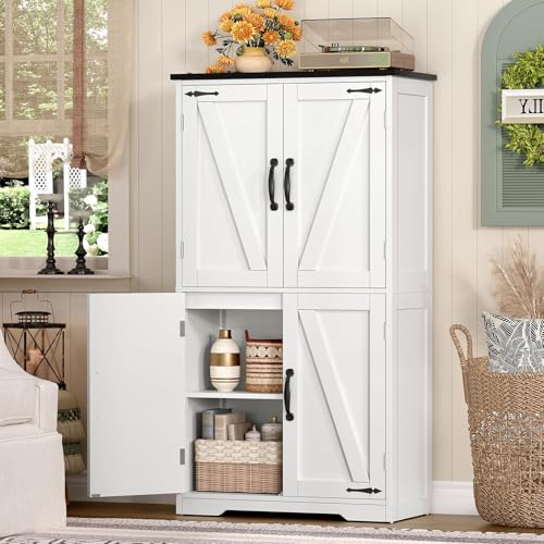 TEENFON Farmhouse Storage Cabinet with 2 Adjustable Shelves, Bathroom Cabinet with 4 Doors, Kitchen Cabinets, Cupboard for Kitchen, Living Room, White - Image 7