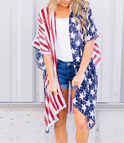 Women's American Flag Kimono Cardigan 4th of July Cover Up Lightweight Patriotic Kimono Cover Up4