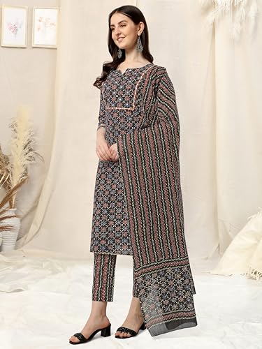 Image of MIRCHI FASHION Women's Straight Fit Cotton Ethnic Block Motif Printed Kurta Set with Dupatta and Trouser