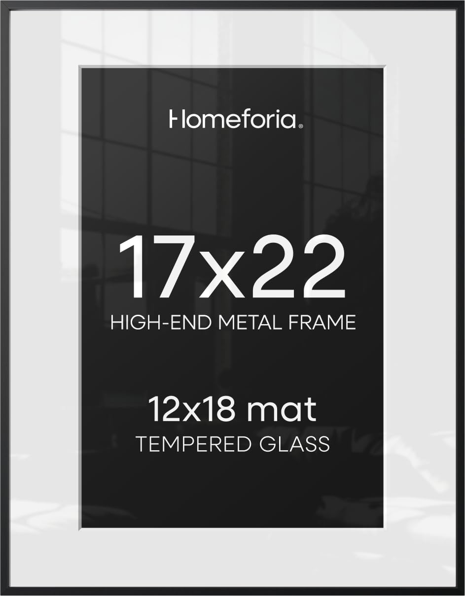 Homeforia 17x22 Black Picture Frame, High-End Metal, 12x18 Mat, Glass