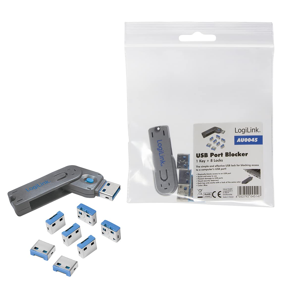 Logilink USB Port Bloqueur de Château 1x Schlüssel 8x Schlösser Gris