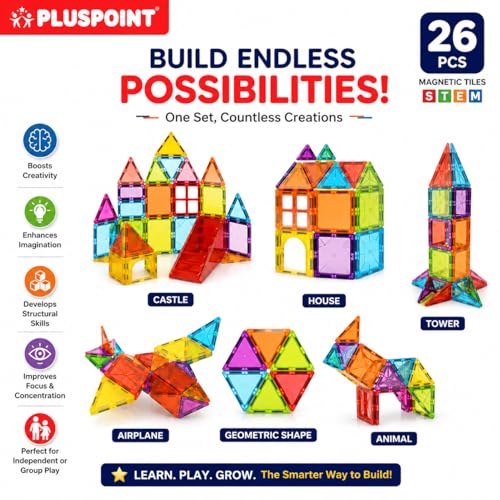 Image of PLUSPOINT 26pc Magnetic Tiles Blocks Building Construction Toys for Kids Ages 3 and Up Imagine and Create STEM Educational Toys for Brain Development and Develop Creativity Toy Blocks