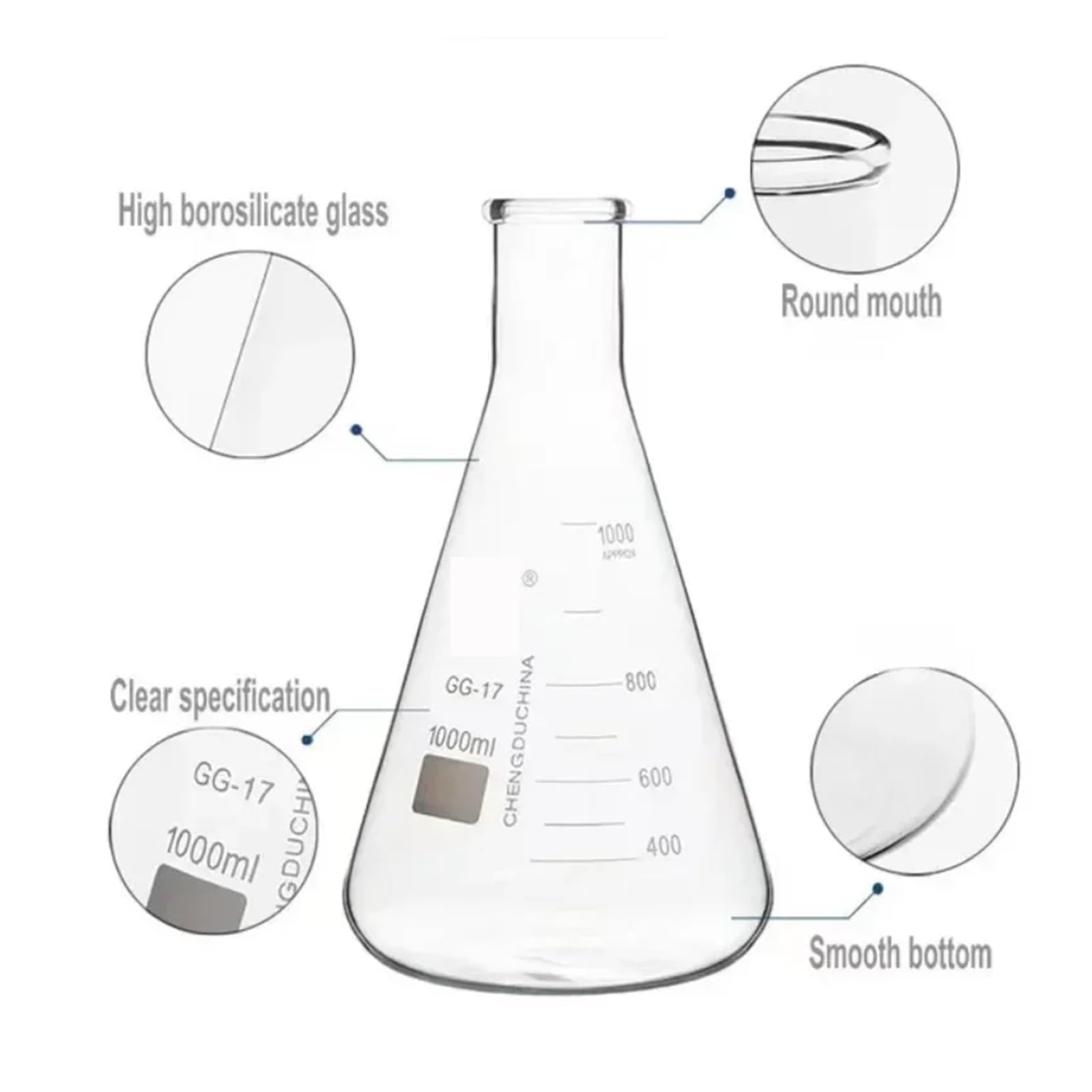 1 matraz Erlenmeyer cónico de vidrio borosilicato for equipos de laboratorio químico(1000ml)