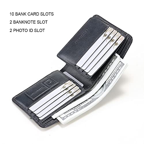 Image of Mens Trifold Leather RFID Blocking Wallet with 2 ID Windows 2 Cash Compartments 6-8 card slots 2-3 inside slots Large Capacity Wallet