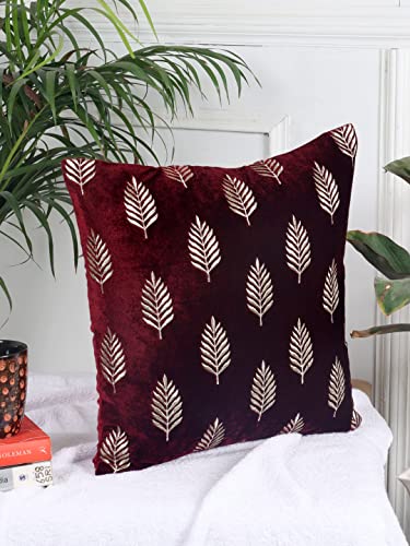 Image of Decoghar | Wine Handmade Sofa Cushion Covers | Golden Zari Leaf Embroidered Square Throw Pillow Cushion Cover | 16 X 16 Inch | Pack of 5