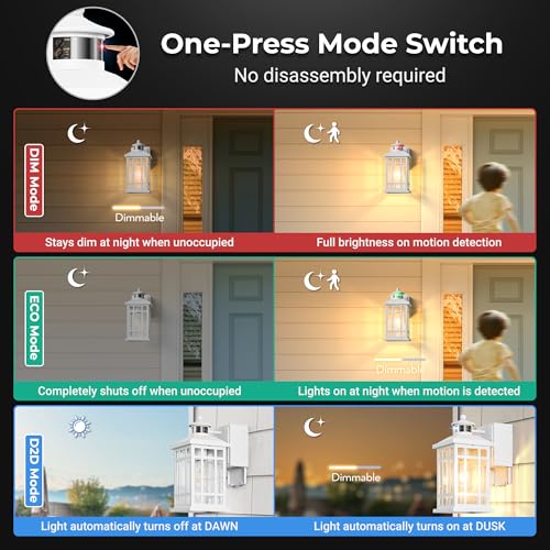 Image of White Motion Sensor Outdoor Lights with GFCI Outlet, Distance and Time Adjustable Exterior Lighting Fixtures, Dusk to Dawn Outside Light for House, Porch, Garage, 5 Modes, Waterproof, Anti-Rust
