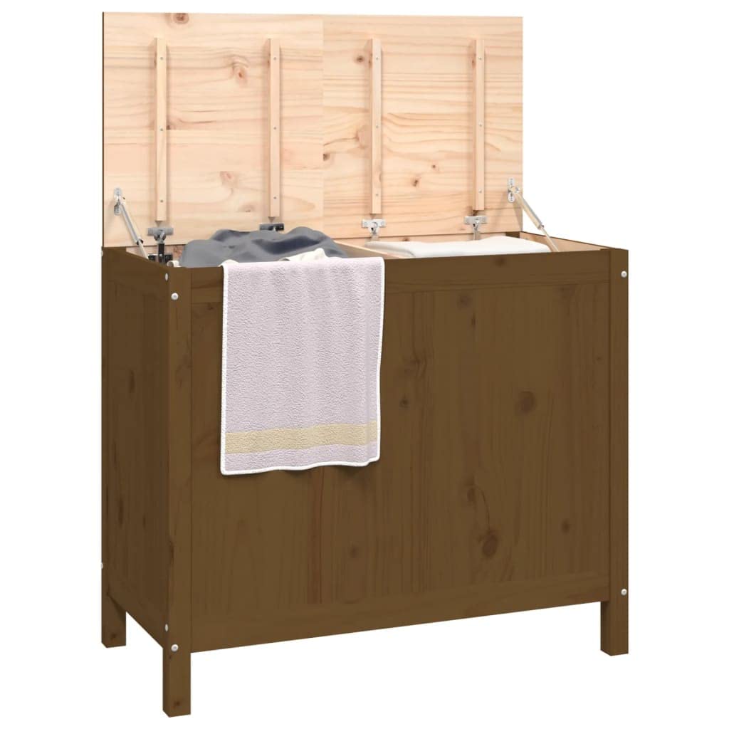 Wäschetruhe Honigbraun aus massivem Kiefernholz 88,5x44x76 cm mit Deckel und Fach, klappbar als Wäschesammler und Organizer für Badezimmer, Schlafzimmer, Waschküche, Kinderzimmer