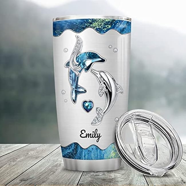 Wassmin Personalized Dolphin Tumbler With Lid 20oz 30oz Custom Name | Stainless Steel | Double Wall Vacuum Insulated | Coffee Travel Mug | Birthday Christmas Customized Gifts | Women Girls
