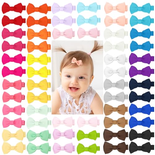 obeoby 60 Pcs Baby Hair Bow Clips 2 Inch Full Ribbon Lined Non-slip Hair Bows Small Clips for Toddlers Girl