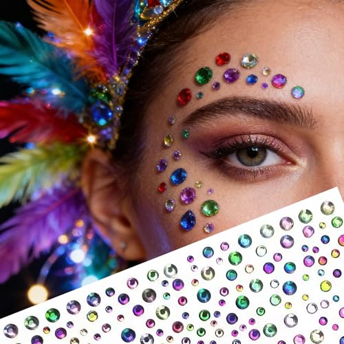 600 Pcs Carnival Face Stickers Carnival Face Gems Tattoos Purple Green Red Rhinestones Body Jewelry for Makeup Festival Party Supplies Masquerade Ball Birthday Cosplay Decorations