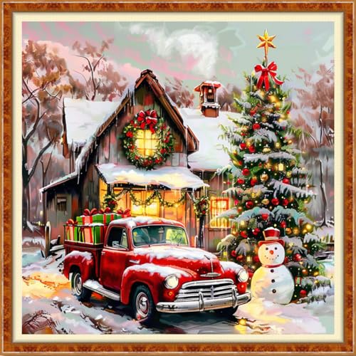 Image of Findvoor Stamped Cross Stitch Kits for Beginner Embroidery Kits for Beginners Adults DIY 11CT Cross Stitch Patterns Needlepoint Kits Crossstitching Kits-Christmas snowscape 18x18 inch