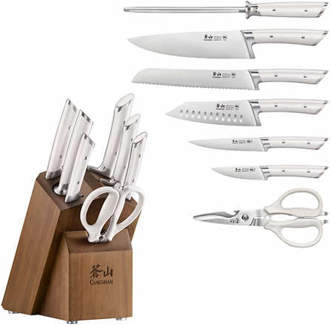 Cangshon Beautiful Function Rainier Series 8-Piece Knife Block Set, Forged German Steel, Acacia Block (WHITE)