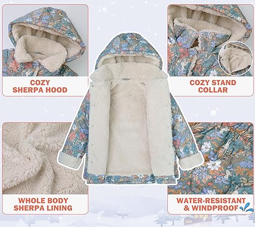 Image of SOLOCOTE Little Girls Winter Lightweight Jacket Floral Sherpa Lining Quilted Coat