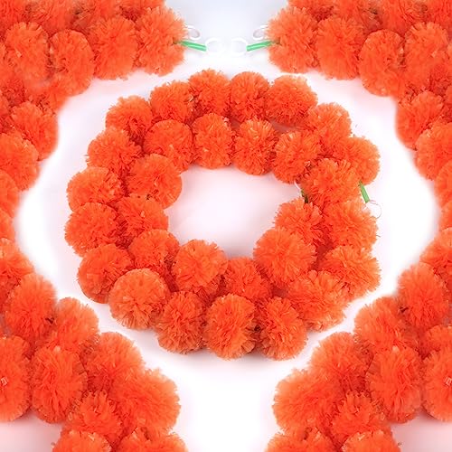 Marigold Garland for Decoration, Pack of 5 Artificial Marigold Flowers Garlands for Dia de Muertos Diwali, Pooja, Mehndi, Ganpati, Party Wedding Decorations - Orange