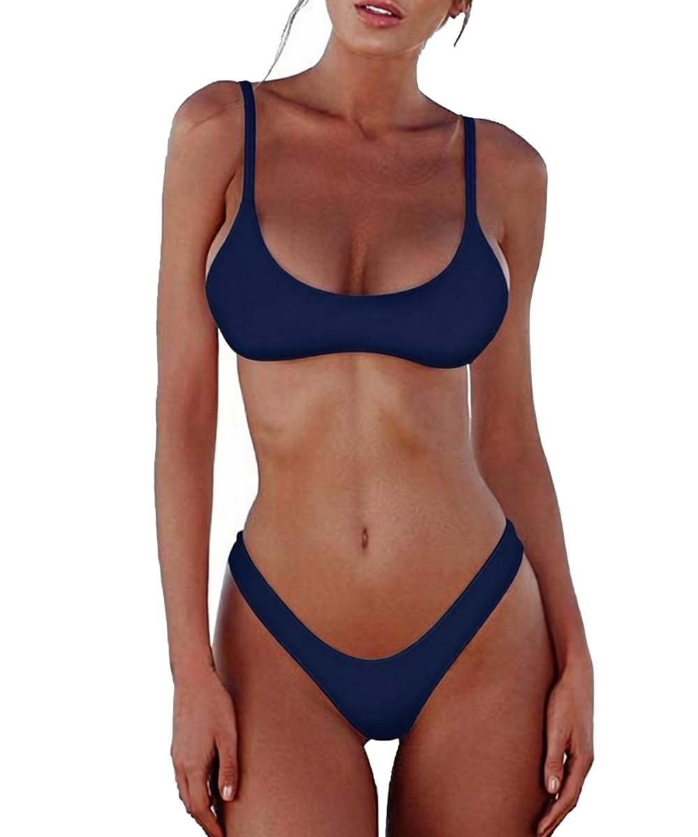 SherryDC Women's Solid Scoop Neck Push Up Padded Brazilian Thong Bikini Swimsuit Bathing Suit