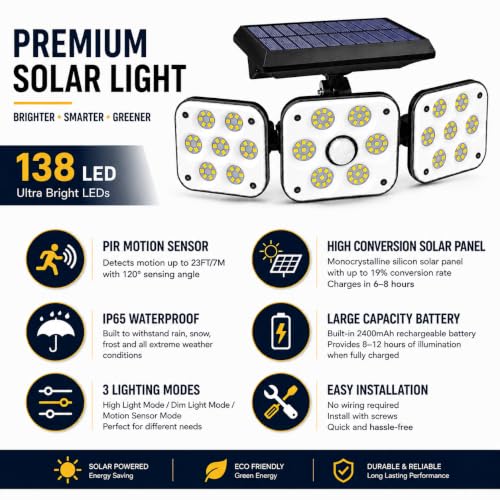 Image of WIDEWINGS 138 LED Solar Lights Outdoor, Motion Sensor Solar Light with 3 Adjustable Heads, 270 Wide Angle, IP65 Waterproof, Solar Wall Light for Garden, Yard, Garage & Porch