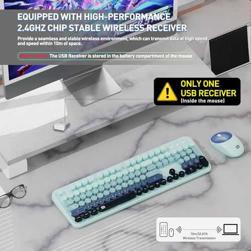 Image of Wireless Keyboards Mouse Combos, Colorful Cute Typewriter Full-Size Retro Round Keycaps, 2.4GHz Cordless Connection Sleep Mode Office Wireless Keyboard and Mouse Set for Desktop Laptop PC Computer