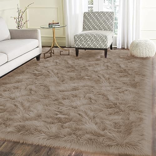 Latepis Light Brown Beige Living Room Rugs Faux Sheepskin Fur 5x7 Area Rugs for Bedroom Fluffy Washable Rug Large Plush Fuzzy Floor Rug Home Decor Rectangle