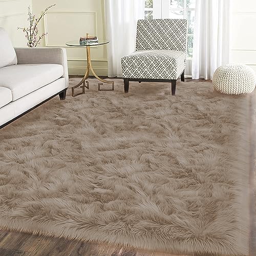 Latepis Teppich Flauschig Kunstfell Hellbraun Beige für Wohnzimmer Schlafzimmer 150x240 cm Teppich...